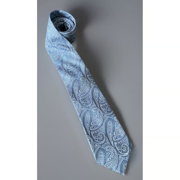 Pronto Uomo Couture Neckwear Tie Blue Silver Paisley Pattern 100% Silk - Picture 1 of 3